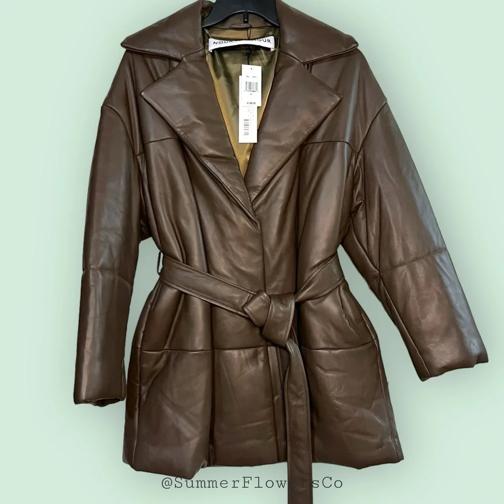 Nour Hammour Brown Leather Belted Winter Jacket - Picture 8 of 8
